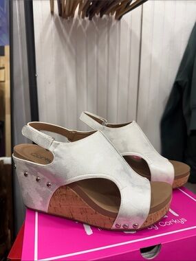 Corkys Tiffanee Metallic Silver Slingback Cork Wedge Sandals Size 9